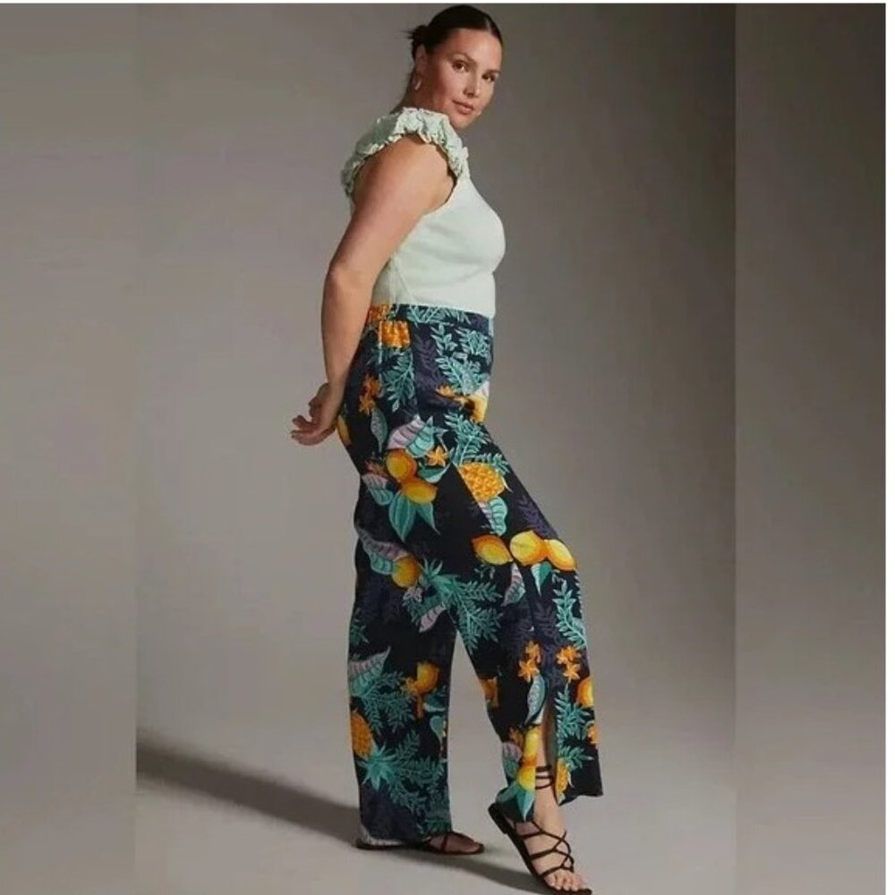 Anthropologie Navy Tropical-Print Wide-Leg Pants